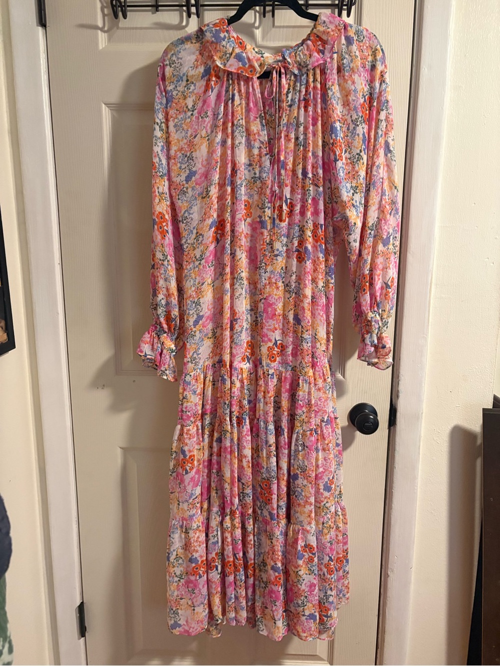 Buddy Love Pink Floral Long-Sleeve Ruffle Tie Midi Dress